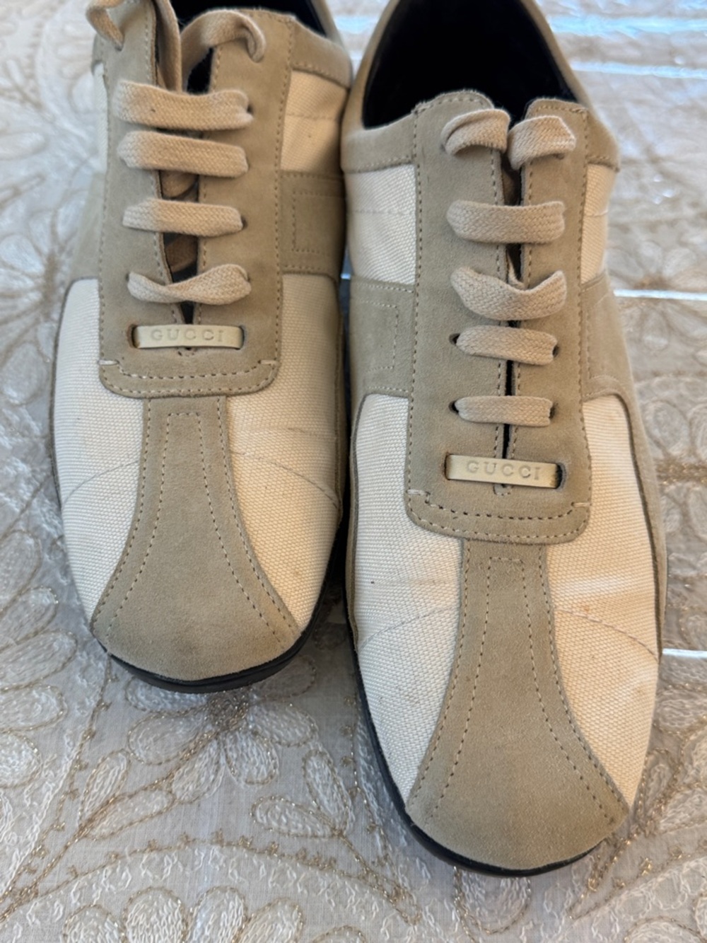 Gucci Beige Canvas and Suede Low-Top Sneakers